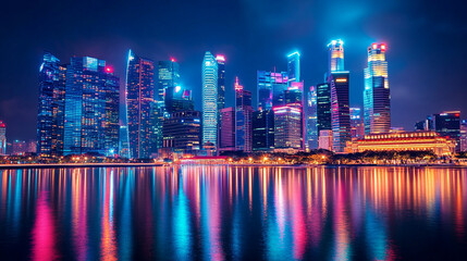 Naklejka premium Bright city skyline reflecting on water during a vibrant night in a modern metropolis