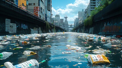 A river in a bustling city is heavily polluted with plastic waste, highlighting the environmental impact of consumerism.