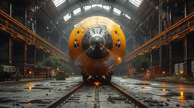 Rocket assembly facility interior showcasing advanced technology and precision engineering, where skilled technicians meticulously construct and test spacecraft components
