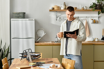 A young man in casual attire sips coffee while reviewing notes at his sleek kitchen table.