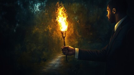 A leader holding a torch that illuminates a dark path, symbolizing guiding others through uncertainty.
