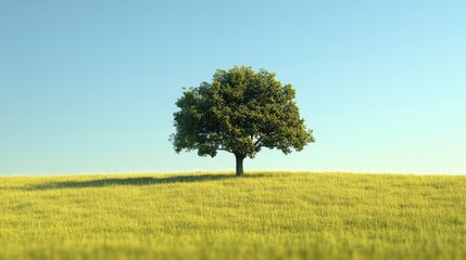 A solitary tree stands proudly in a vibrant green field, basking in the warmth of a sunny day, its leaves shimmering under the bright blue sky.