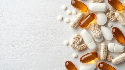 A vibrant collection of colorful pills and capsules, intricately arranged on a pristine white surface, showcasing their diverse shapes and sizes.