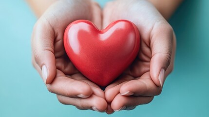 Obraz premium A pair of hands gently cradles a vibrant red heart, symbolizing love, warmth, and connection in a moment of tenderness and care.