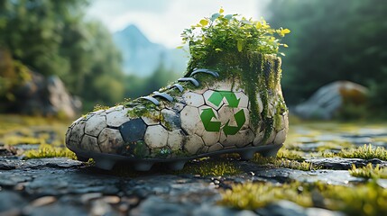 A soccer cleat overgrown with plants and moss, with a recycle symbol on the side, symbolizing the importance of sustainability and environmentalism.