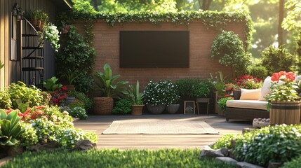 Fototapeta premium Outdoor patio with brick wall, screen, plants, and furniture.