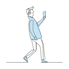 Minimalist line art illustration of a person walking while using a smartphone. Ideal for tech, lifestyle, and modern communication designs.