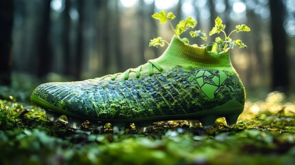 A green soccer shoe with a plant growing out of it, symbolizing sustainability and environmental consciousness.
