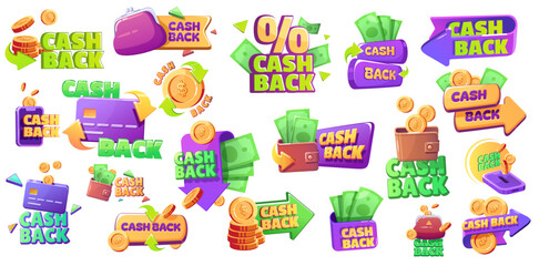 Icons of cash back offers. Concept of refund money after buy set icon