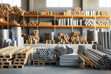 Wide-angle shot of an industrial warehouse filled with construction materials, including wooden pallets, metal pipes, and concrete blocks, clean and organized.