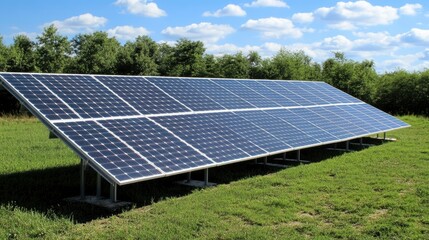 Solar Panel Array in a Green Field Under Blue Sky