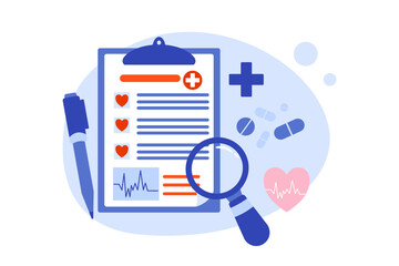 Vector illustration of a health check-up report with a medical symbol, medication, magnifying glass, and pen, symbolizing health evaluation and medical assessments.