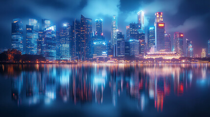 Obraz premium City skyline reflects in water at night with illuminated buildings and dramatic clouds