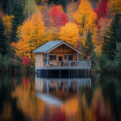 Fototapeta premium Autumn Cabin Lakeside Serenity Peaceful Fall Retreat Wooden House