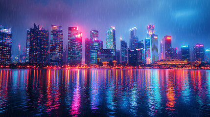 Fototapeta premium Nighttime city skyline illuminated by colorful lights reflecting on calm water