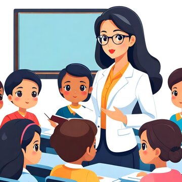 Kawaii-inspired illustration drawing of a teacher instructing students in classroom