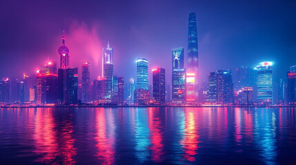Vibrant urban skyline illuminated at night with reflections on water surface