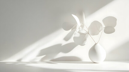 Minimalist White Vase with Leaves Casting Shadows in Soft Light