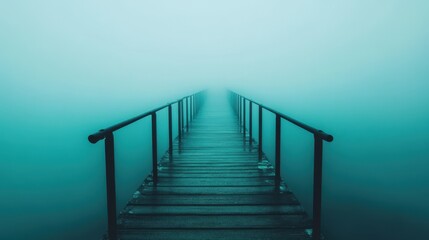 Fototapeta premium A mysterious long wooden bridge stretches into the fog, its weathered planks shrouded in mist, inviting adventurers to explore the unknown beyond.