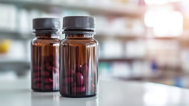 A colorful array of pill bottles lines a sleek counter, their labels shining under the bright lights of a bustling pharmacy, ready for eager customers.