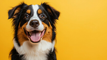 Fototapeta premium A cheerful Australian Shepherd with tri-colored fur, black, white, and brown, smiling happily against a solid yellow background. The dog’s eyes sparkle with joy, and it has its tongue out in excitemen