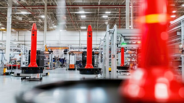 Rocket assembly facility interior showcasing advanced technology and precision engineering, where skilled technicians meticulously construct and test spacecraft components
