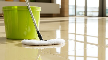 A mop cleaning a shiny floor next to a green bucket, illustrating a cleaning activity.