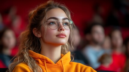 Naklejka premium Young woman in orange hoodie at event.