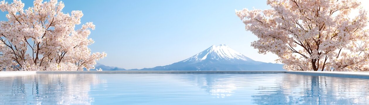 Stunning Onzen Scene with Sakura Trees and Mountain Reflections