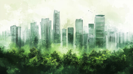 Urban skyline emerges from lush green landscape under soft misty light