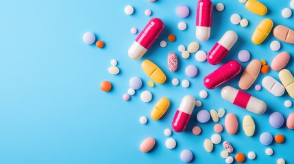 A vibrant array of colorful pills scattered across a smooth blue surface, inviting curiosity and contemplation about their purpose and effects.