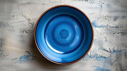 A top view of round blue soup plate placed over grey table 
