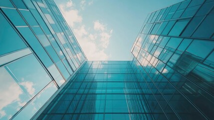 Obraz premium Modern Glass Building Reflecting Sky And Clouds