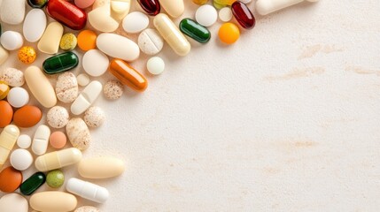 A vibrant collection of colorful pills, each uniquely shaped and sized, creating a mesmerizing mosaic of health and wellness in a close-up view.
