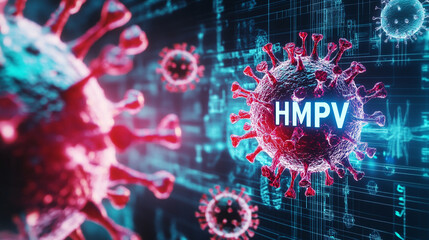 Microscopic view of HMPV Human metapneumovirus with medical instrument,  blueprint of lungs and virus in the background,  Human metapneumovirus or HMPV similiar as covid 19 virus.