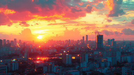 Obraz premium Sunset over a vibrant city skyline with colorful clouds and reflections in the water