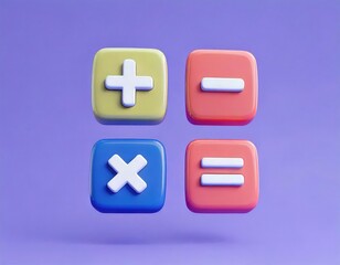 Obraz premium Colorful 3D Render of Basic Math Symbols: Plus, Minus, Multiply, Equals