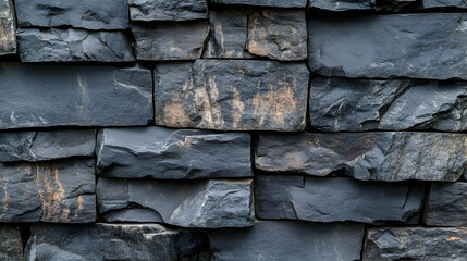Detailed Close-Up of Textured Black Slate Stone Wall Surface