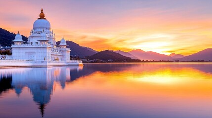 Fototapeta premium A serene temple by the lake at sunset, reflecting vibrant colors in the water, surrounded by mountains, creating a tranquil atmosphere.