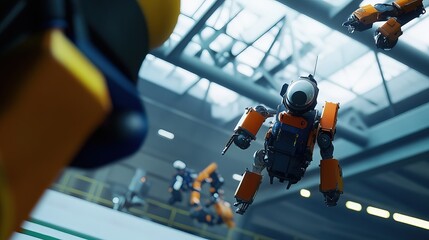 Rocket assembly facility interior showcasing advanced technology and precision engineering, where skilled technicians meticulously construct and test spacecraft components
