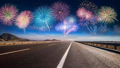 vibrant fireworks over a deserted highway at night