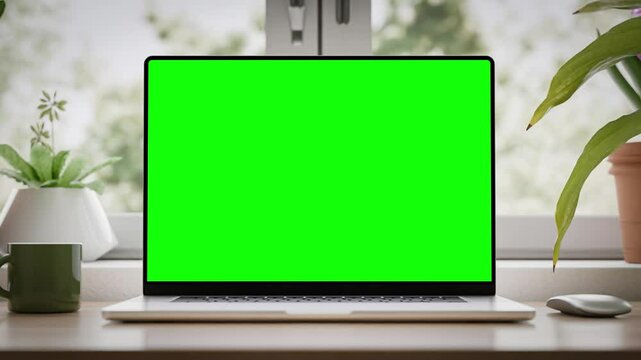 Computer with a blank green screen, falls onto desk abstract animation in a bright interior with potted plants. The last 120 frames loop the footage, tracking mask included. CGI 3d render
