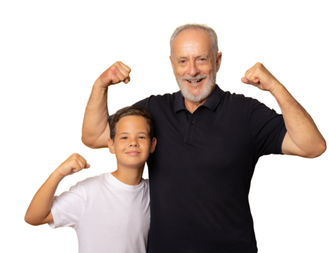 Grandfather and grandson smiling making strong gesture over transparent background. PNG transparent.