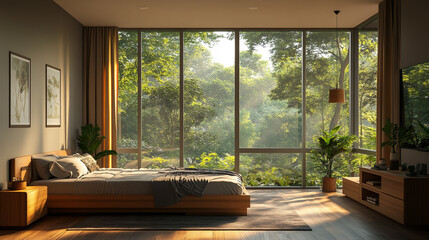 Fototapeta premium Cozy bedroom with large windows overlooking a lush forest during morning light