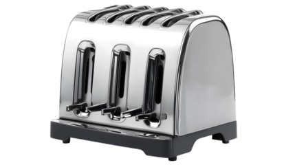 A stylish toaster with extra-wide slots and a polished metallic finish, placed prominently on a transparent background to highlight its functional yet modern design 