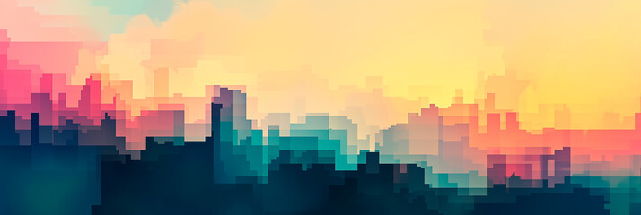 Pixel art background. Gradient resembling a city skyline panorama. Colorful pixelated design. Creative vibrant retro-futuristic atmospheric cover, banner. Header, UI/UX, website. Generative Ai content