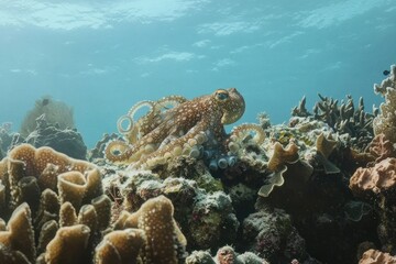 A blue-ringed octopus camouflaged among coral reefs in the Great Barrier Reef, tentacles poised for prey