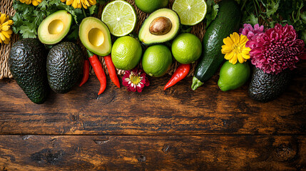 A top-down view of a rustic wooden table with fresh fruits and vegetables arranged neatly along the top edge. Avocados, limes, peppers, flowers, and woven textiles for a vibrant and festive appearance