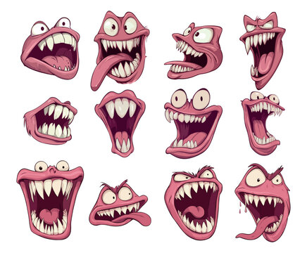 Beast monster mouth cartoon vector set. Big tongue fangs creepy scary expression bad alien character, laughing anger comic halloween creature spooky demon isolated on white backdrop