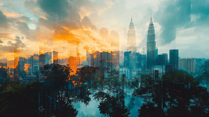 Obraz premium Evening skyline of Kuala Lumpur with stunning sunset colors and vibrant city lights